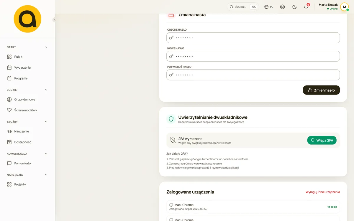Profil: zmiana hasła i weryfikacja dwuetapowa