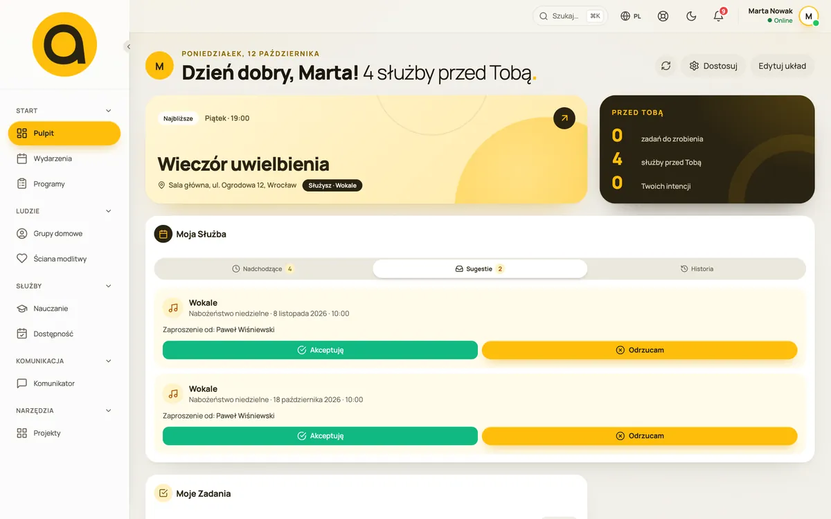 Zaproszenia do służby w zakładce Sugestie