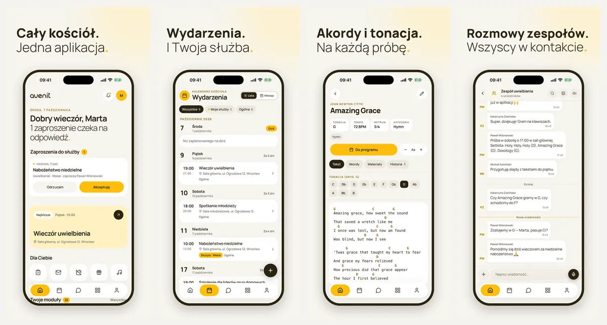 Aplikacja mobilna: pulpit, wydarzenia, pieśń z akordami, czat zespołu