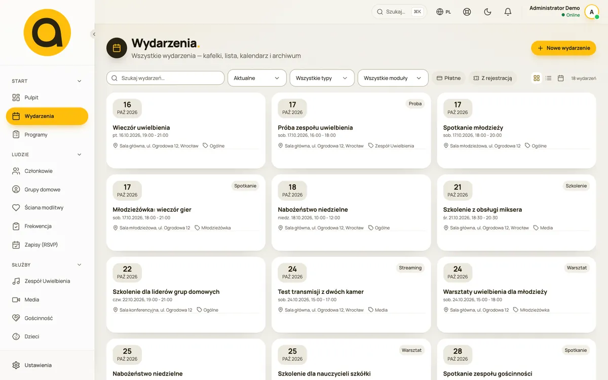 Wydarzenia w widoku kafelków
