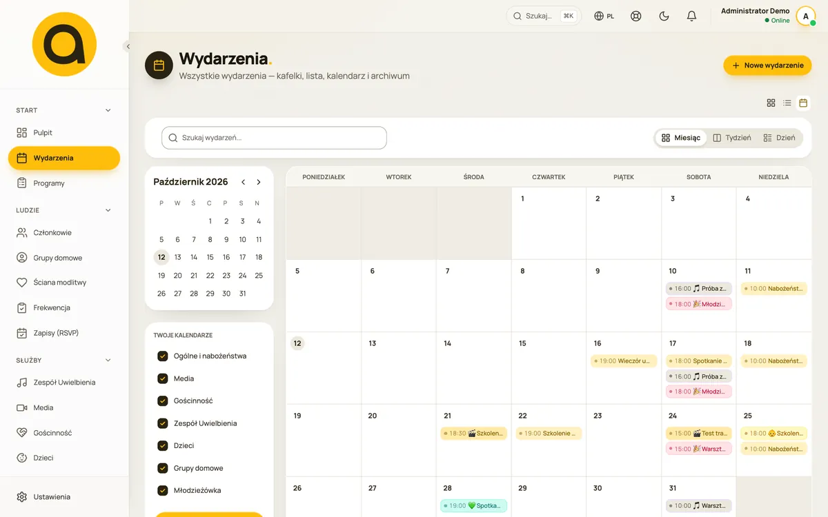 Widok kalendarza miesięcznego
