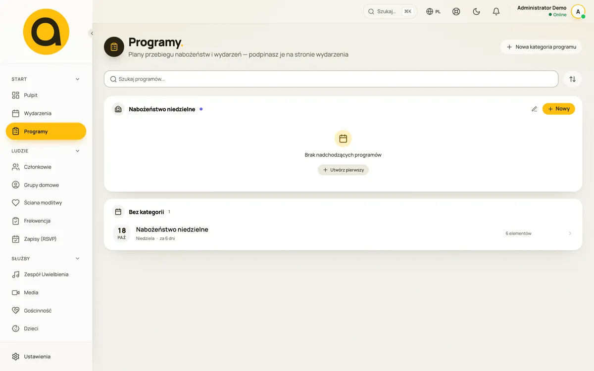 Program nabożeństwa z pieśniami