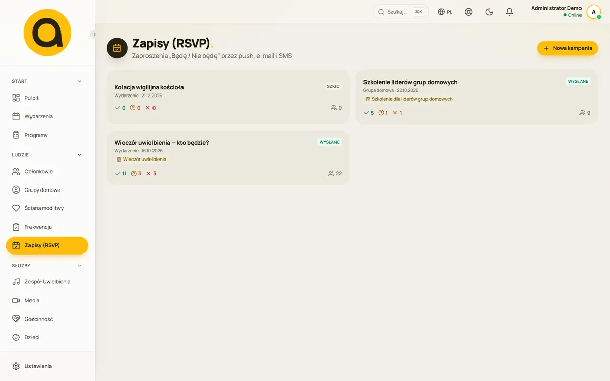 Kampanie RSVP z licznikami odpowiedzi