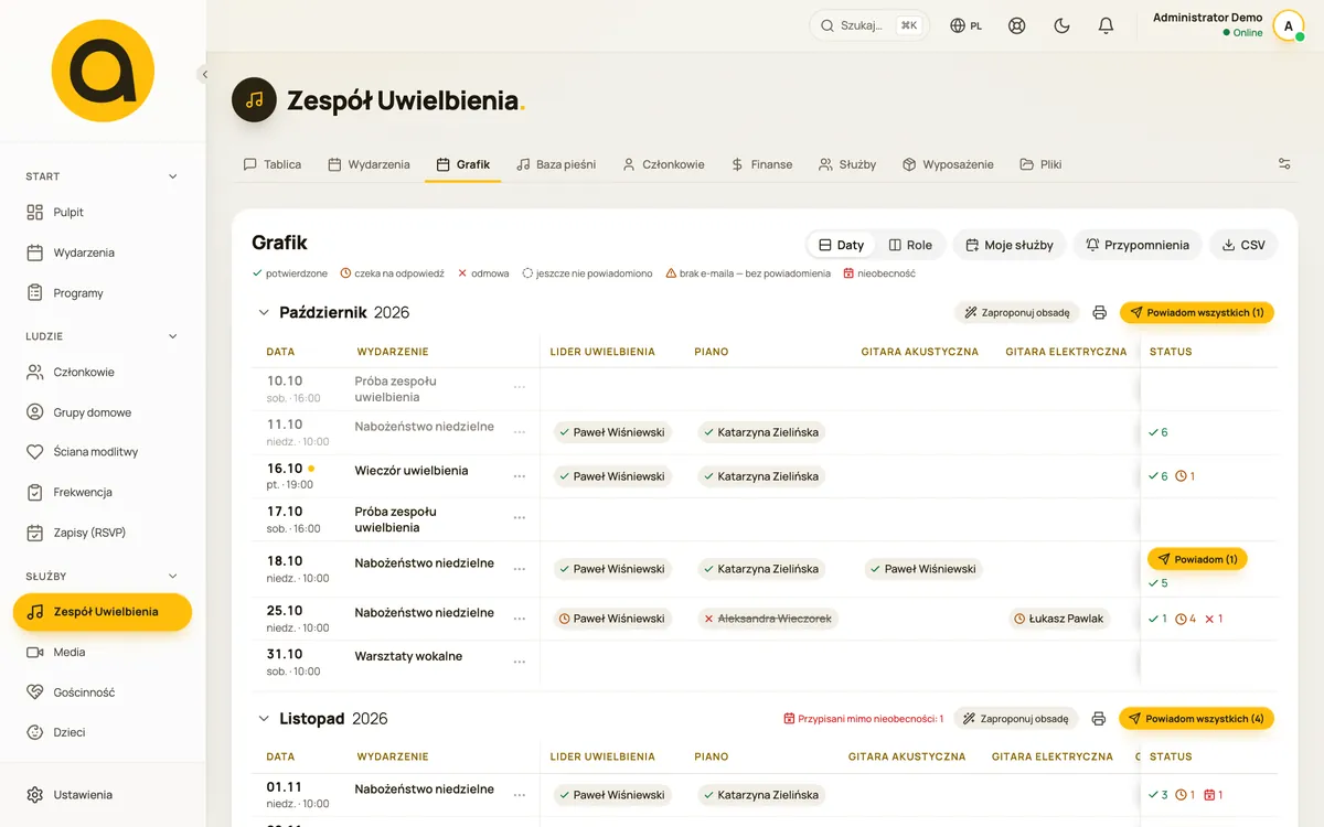 Grafik Zespołu Uwielbienia w układzie dat
