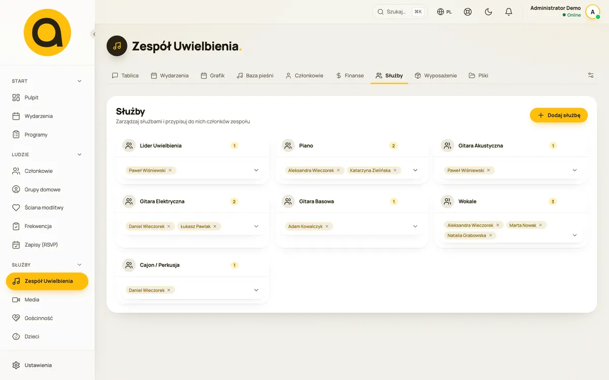 Służby i przypisane osoby